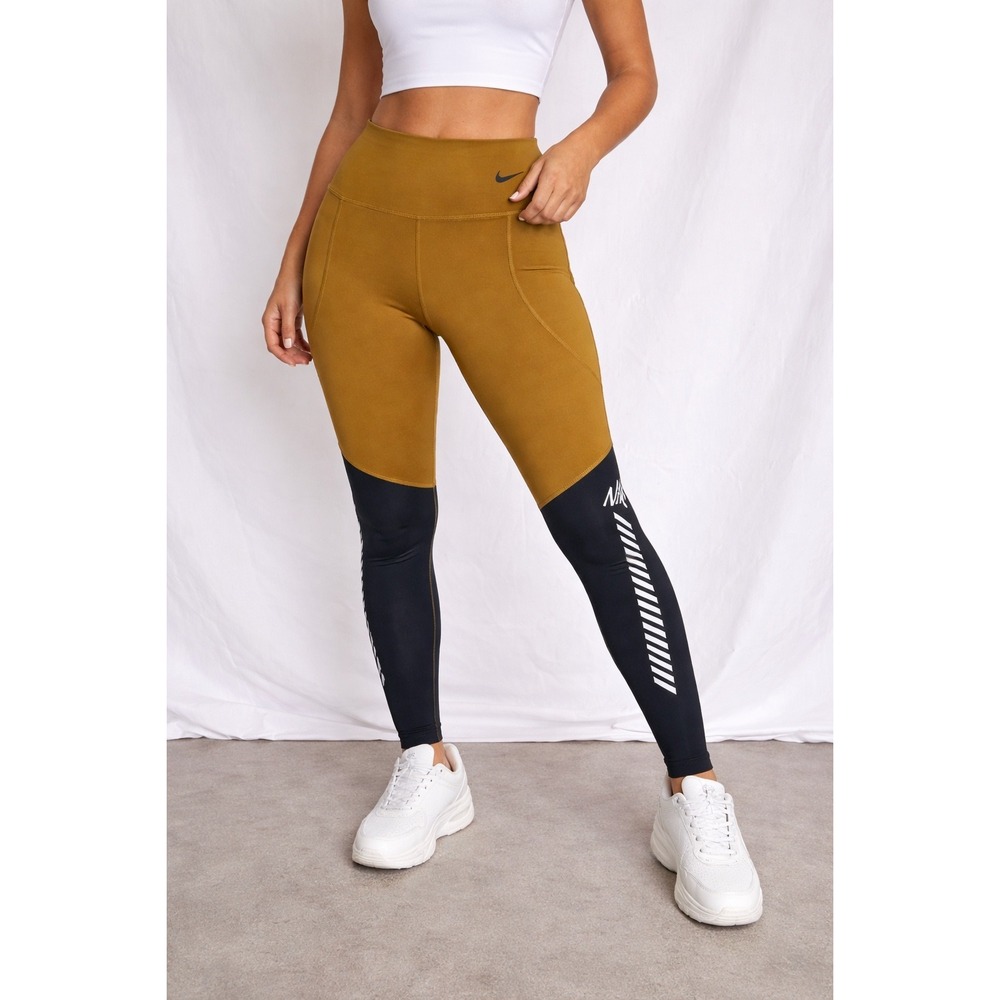 Nike Dri-FIT Colorblock Training Leggings Mustard Yellow Black AQ0389-790 .Small